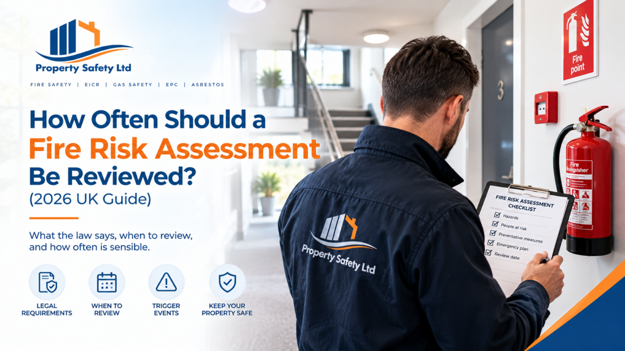 Assessor reviewing a fire risk assessment in a London block of flats